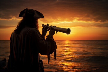 A silhouette of a pirate using a spyglass to look out to sea at sunset. 
The warm, glowing sky and...