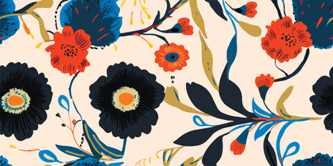 Hand drawn ethnic artistic flowers print. Cute collage pattern. Fashionable template for design
