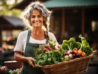 Happy farmer mature woman holding a basket of freshly picked vegetables and smiling. Generative ai