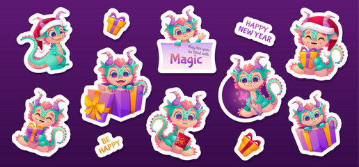 Set of cute dinosaurs stickers. Vector illustrations with beautiful dragon characters for printing, design elements, children's illustrations, wrapping paper. New Year and Christmas holidays