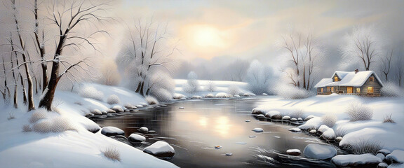Banner Winter snow landscape forest and hous with river on background hills.