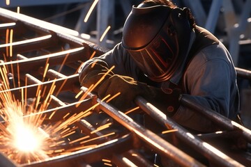 A welder in a protective helmet and equipment performs welding and grinding at his workplace. Generative AI technology.