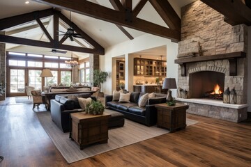 Spacious open living area featuring a fireplace and exposed wooden beams.