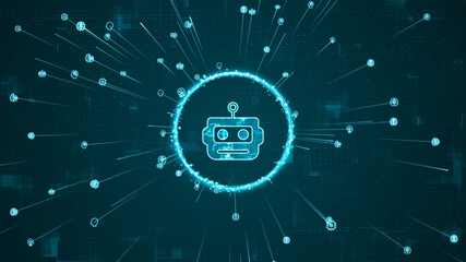 Blue digital robot head logo and AI icons ring rotation around logo with ai icon spread and line linked on abstract background with Ai chatbot and machine learning technology concept