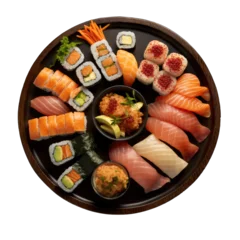 Fotobehang Sushi bar Top view of a round sushi box with various delicious fresh sushi in a black bowl. Take away food isolated on white.