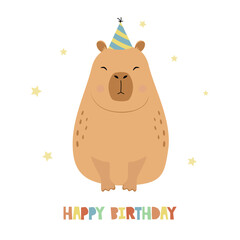 Capybara sit in a party hat, greeting card, isolated on white background