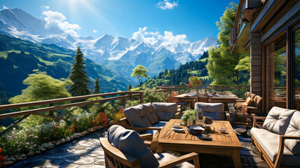 Fototapeta na wymiar Idyllic terrace with a breathtaking mountain panorama. Generative AI