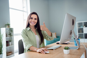 Photo of satisfied attractive it company ceo sit chair use computer demonstrate thumb up approval...