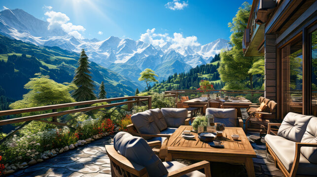 Idyllic terrace with a breathtaking mountain panorama. Generative AI