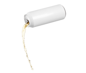 White aluminium can, pouring beer or soda, cut out