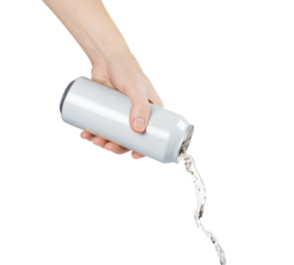 Hand holding white aluminium can, pouring beer or soda, cut out