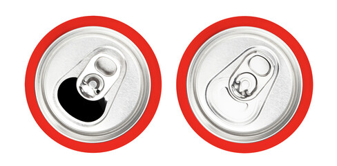 Top view of opened and closed red aluminium cans, cut out