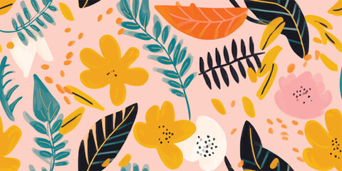 Hand drawn naive abstract flowers and leaves print. Cute collage pattern. Fashionable template for design