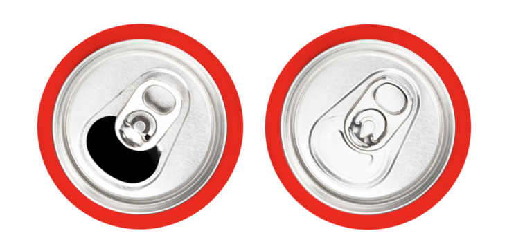 Top view of opened and closed red aluminium cans, cut out
