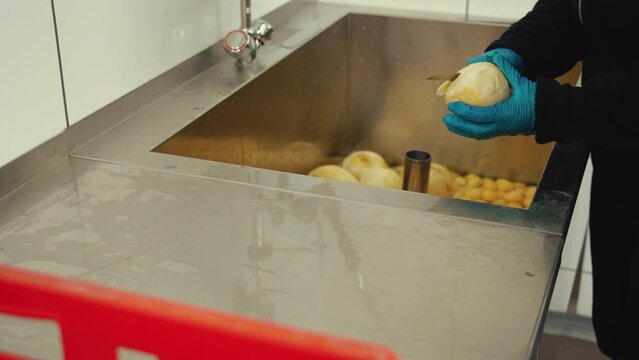 Gloved hands of manufacturer peeling and processing freshly harvested celery roots over sink filled with vegetables in professional kitchen. High quality 4k footage