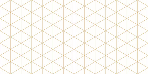 Triangular grid vector seamless pattern. Subtle thin golden lines texture, delicate minimalist lattice, mesh, net, triangles, hexagons. Abstract white and gold luxury background. Elegant geo design