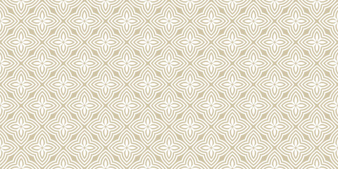 Golden vector seamless pattern. Luxury geometric floral ornament. Abstract gold ornamental texture with flower silhouettes, petals, curved lines, repeat tiles. Elegant simple gold and white background © Olgastocker