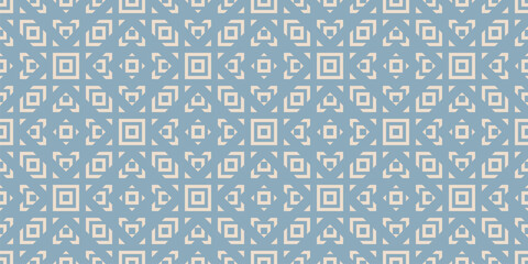 Vector geometric ornament in ethnic folk style. Abstract seamless pattern with squares, diamonds, triangles, grid, repeat tiles. Blue and beige color. Simple vintage background texture. Geo design