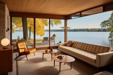 The interior of an older midcentury rambler boasts a white ceiling and beige carpet, as well as a sofa, chairs, and a beautiful view of the lake.