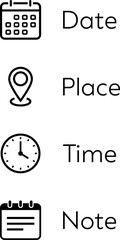 Date, Place, Time and Note icons for business meeting card or web design