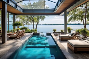 Fototapeta premium A clean and modern home in Florida boasts a screened glass lanai, a private pool, and a spa that overlook a picturesque tropical lake with beautifully blue water.