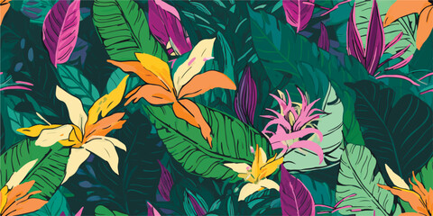 Jungle plants illustration pattern. Creative collage contemporary floral seamless pattern. Fashionable template for design