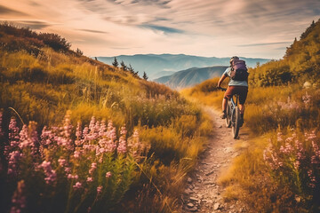 Mountain Biker Riding on a Mountain Terrain Landscape, Digital Render