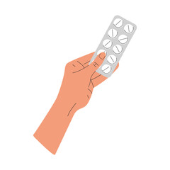 Vector illustration of a hand holding a blister with pills. The concept of healthcare. Isolated design on a white background.