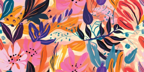 Fototapeten Modern exotic jungle plants illustration pattern. Creative collage contemporary floral seamless pattern. Fashionable template for design © Eli Berr