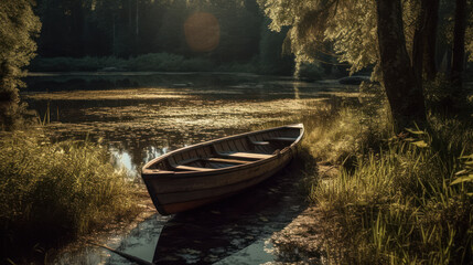 Boat in the lake, sunlight