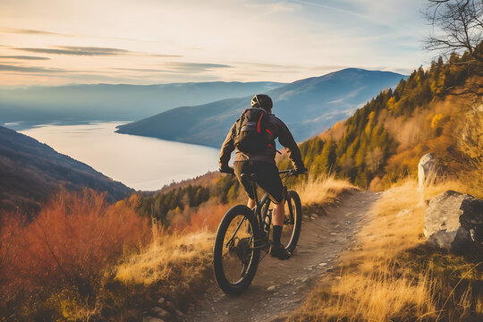 Mountain Biker Riding on a Mountain Terrain Landscape, Digital Render