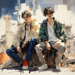 Shape illustration, two friends,  boys, dignified poses, emotional figures, disfigured forms