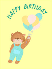 Vector greeting card, Happy birthday, Cute little bear with balloons, colorful postcard, invitation