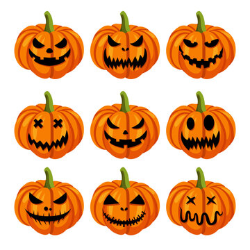 Halloween collection of pumpkin faces. Pumpkins with scary faces. Vector cartoon set.