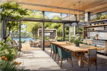 Fototapeta na wymiar Sketching a combination of renovations for a modern luxurious kitchen featuring a sliding door that opens up to a picturesque garden filled with vibrant greenery.