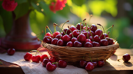 Fototapeta na wymiar basket of fresh ripe cherries on a wooden table in a garden