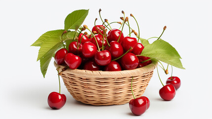 Fototapeta na wymiar basket of fresh ripe cherries on a wooden table in a garden