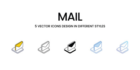 Mail Icon Design in Five style with Editable Stroke. Line, Solid, Flat Line, Duo Tone Color, and Color Gradient Line. Suitable for Web Page, Mobile App, UI, UX and GUI design.
