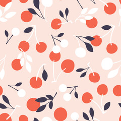 Seamless pattern with cherry fruit and leaves on pink background. Cute cartoon fruit pattern, flat design for fashion print.