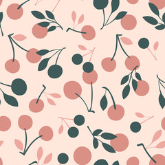 Cherry seamless pattern in vintage style. For print, wrapping paper, packaging, web, fabric, textile, fruit shops. Surface pattern design. Fruit background