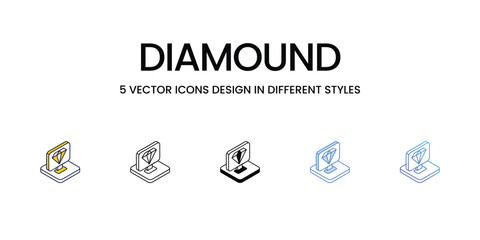 Diamound Icon Design in Five style with Editable Stroke. Line, Solid, Flat Line, Duo Tone Color, and Color Gradient Line. Suitable for Web Page, Mobile App, UI, UX and GUI design.