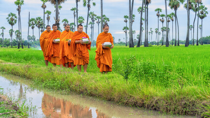 Buddhist monks with good spiritual going about with alms bowl to receive food from people in...