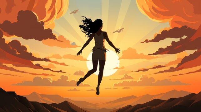 A young woman jumps in the air with happiness and joy. Conveys joy, lightness and happiness. Generative AI
