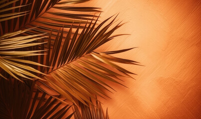 Background with tropical leaves. Leaf palm and monsters on sunset. Created with generative AI tools