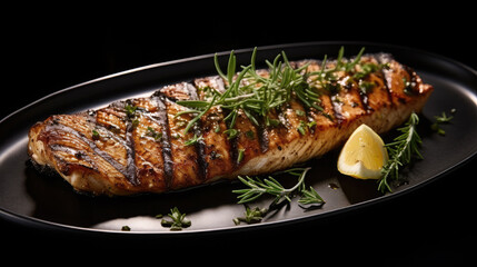 Grilled fish with lemon, tomatoes and herbs.