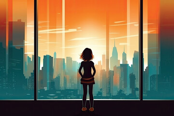 child looks out the window with city view illustration Generatie AI
