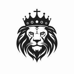 Regal lion head with crown and cross. Vector illustration on white background. Symbol of strength and royalty