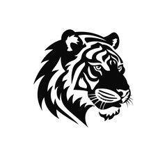 A fierce tiger head in black and white vector, isolated on a white background. Striking side view illustration, perfect for various design projects