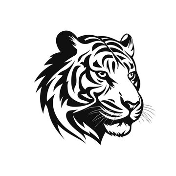 A powerful tiger head depicted in a stunning black and white vector illustration. Captivating side view, isolated on a clean white background