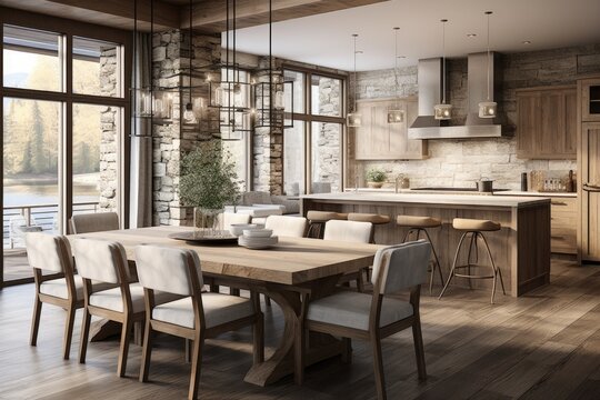 Luxurious home dining room and kitchen interior featuring a natural rustic modern design, incorporating shades of linen, beige, and light oak.